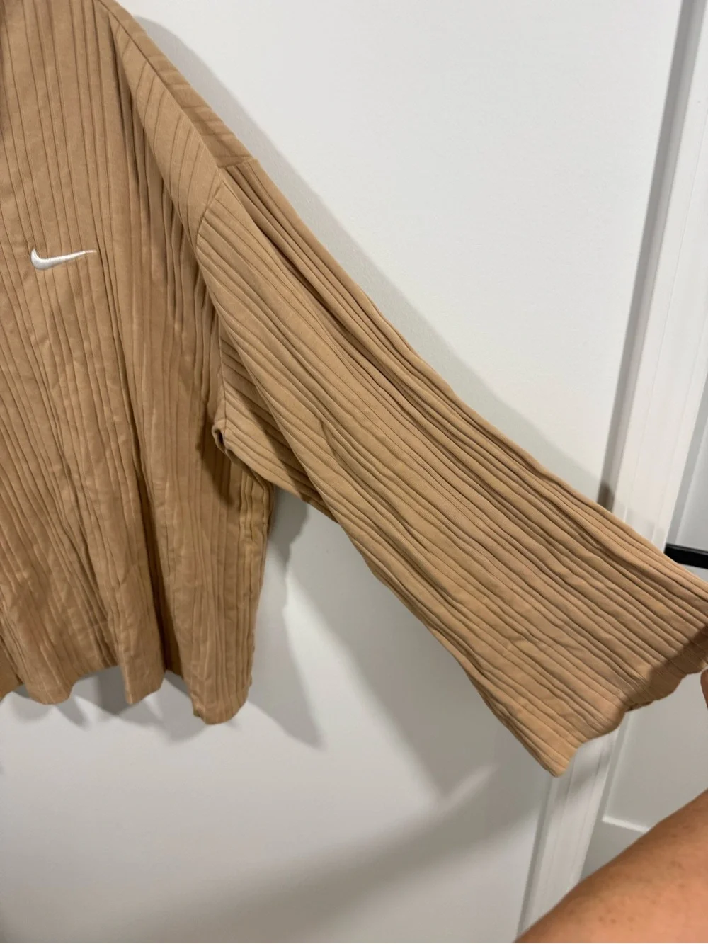 Nike Women's Tan Ribbed Mock-Neck Sweatshirt with White Swoosh